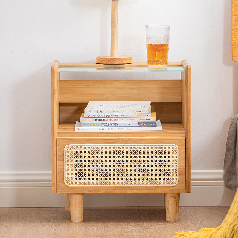 multi-functional bamboo vattan bedside table  bedroom small storage cabinet with sensor light