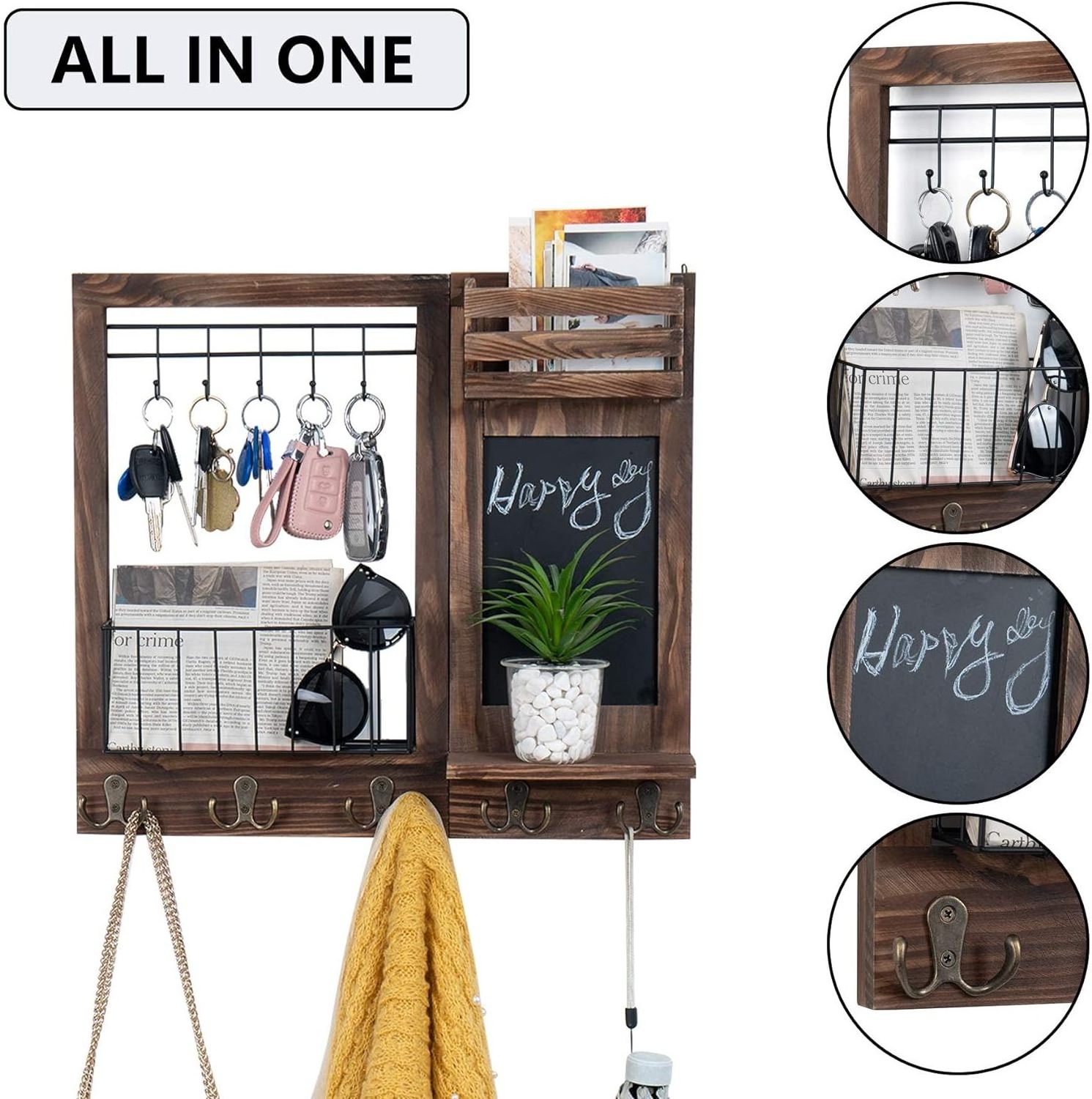 Key Holder for wall, Mail Organizer Wall Mount with 5 Hooks and Shelf, Wall Decorative with 5 Double Hooks