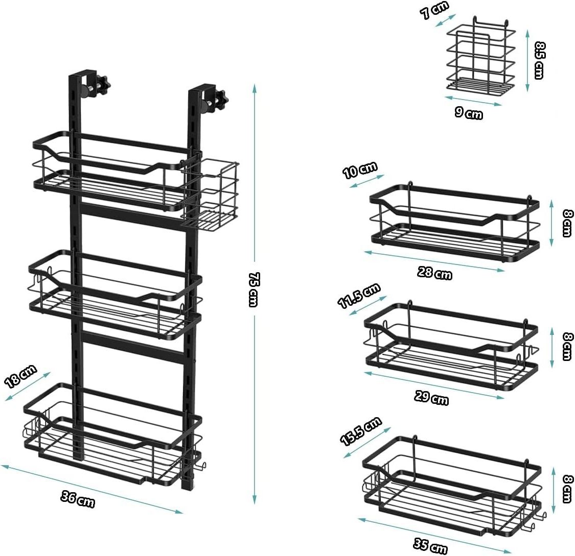 3 Tier Black Metal  black  no drilling Hanging  bathroom shelf Adhesive Shelves Over Door Shower Rack  with Soap Holder