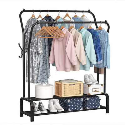 Garment Rack Freestanding Hanger Double Rails Bedroom Clothing Rack With 2-Tier Lower Storage Shelf