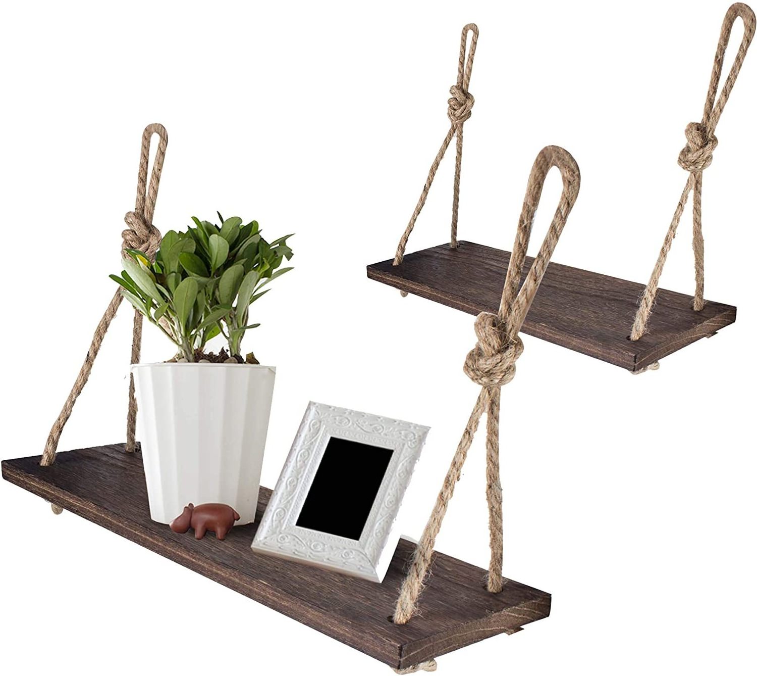 Rope Hanging Floating Shelves, Rustic Wood Wall Decor Swing Shelf with 4 Hooks, Pack of 2