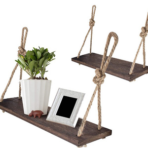 Rope Hanging Floating Shelves, Rustic Wood Wall Decor Swing Shelf with 4 Hooks, Pack of 2