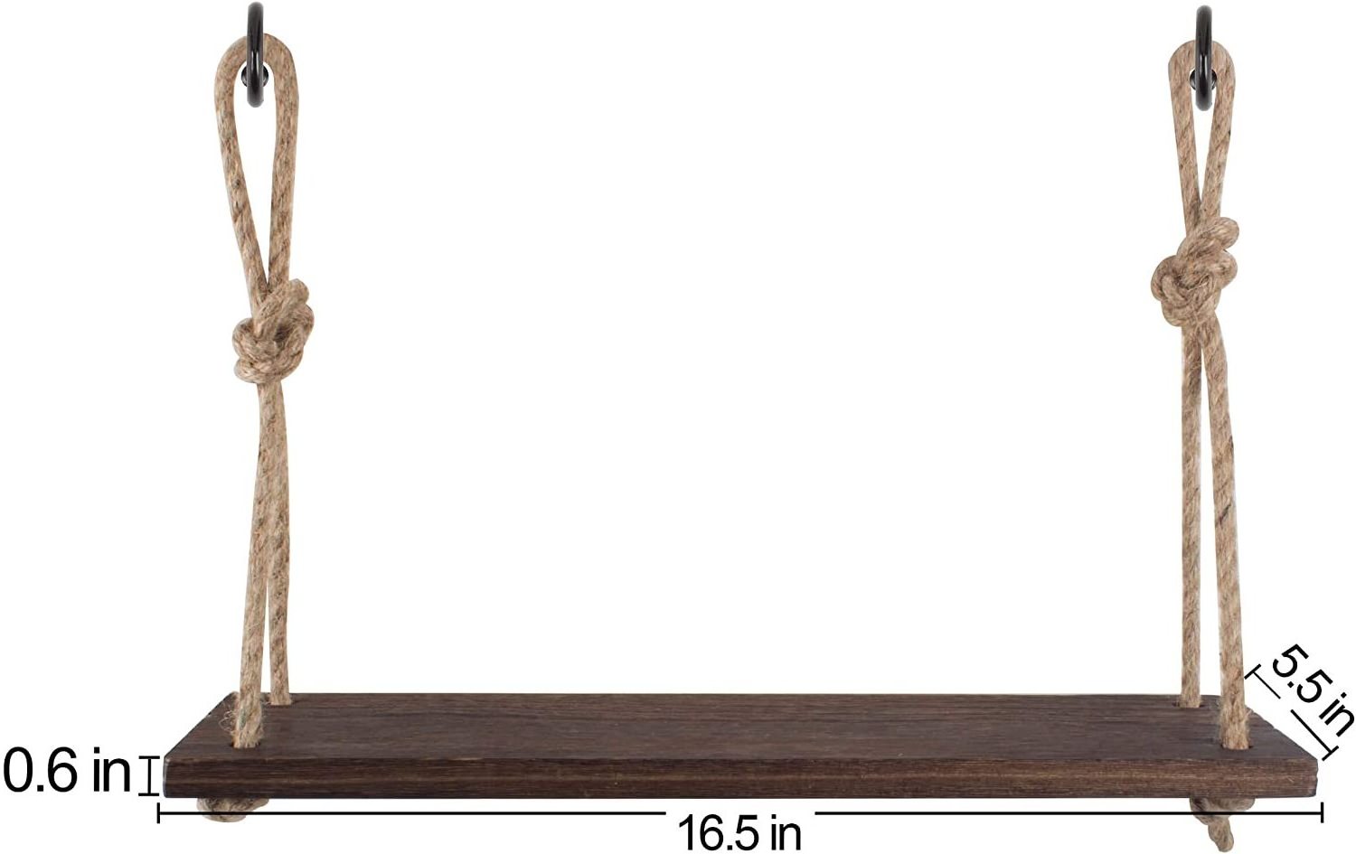 Rope Hanging Floating Shelves, Rustic Wood Wall Decor Swing Shelf with 4 Hooks, Pack of 2