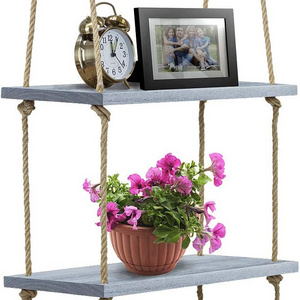 Wood Hanging Shelf 3-Tier Rustic Wood Swing Storage Shelves Jute Rope Organizer Rack Floating Display Shelves (Grey)