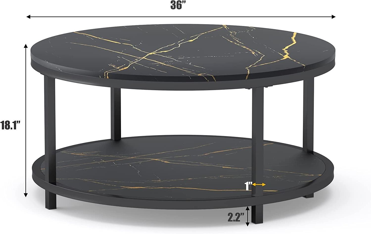 Artificial marble top round Black coffee table  Solid metal frame legs cocktail table with storage Open shelf for living room