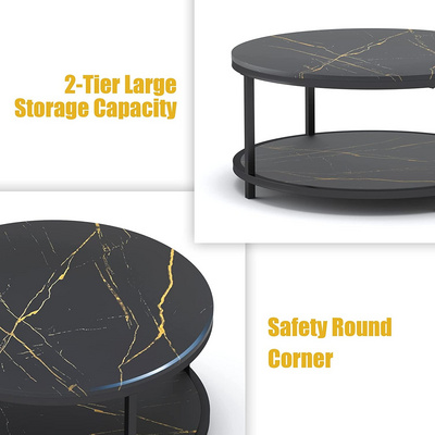 Artificial marble top round Black coffee table  Solid metal frame legs cocktail table with storage Open shelf for living room