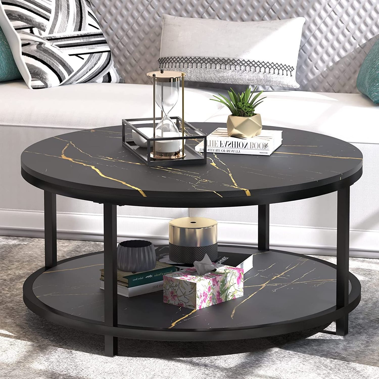 Artificial marble top round Black coffee table  Solid metal frame legs cocktail table with storage Open shelf for living room