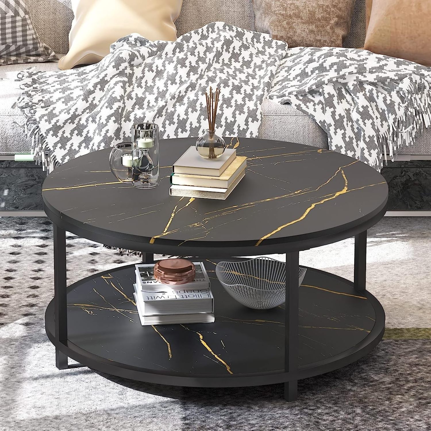 Artificial marble top round Black coffee table  Solid metal frame legs cocktail table with storage Open shelf for living room