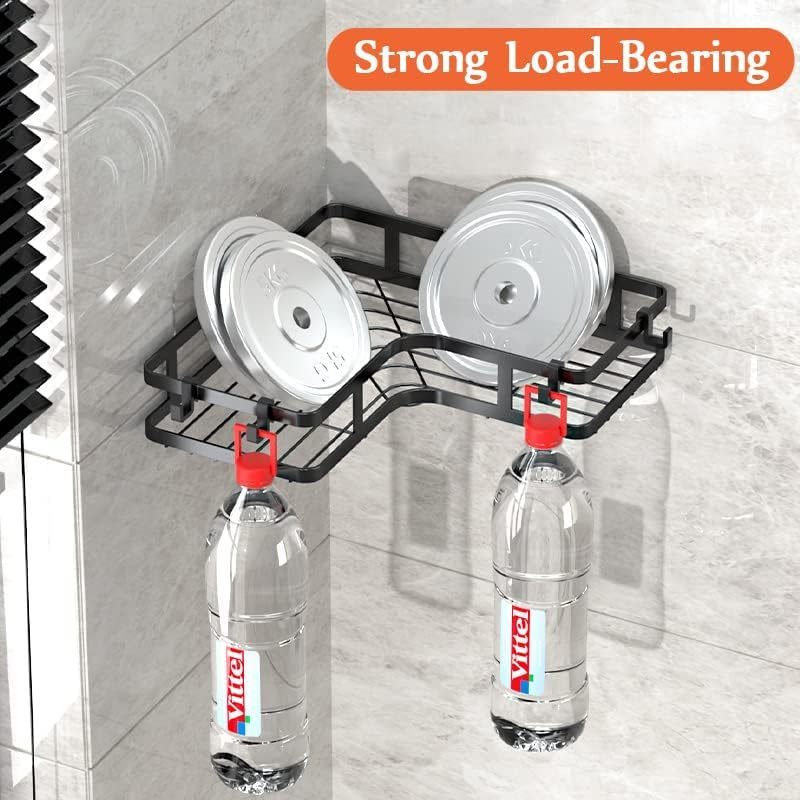 2 Pack Metal  black Adhesive no drilling bathroom corner shelf Adhesive Shelves No Drilling Shower Organiser with 4 Hooks