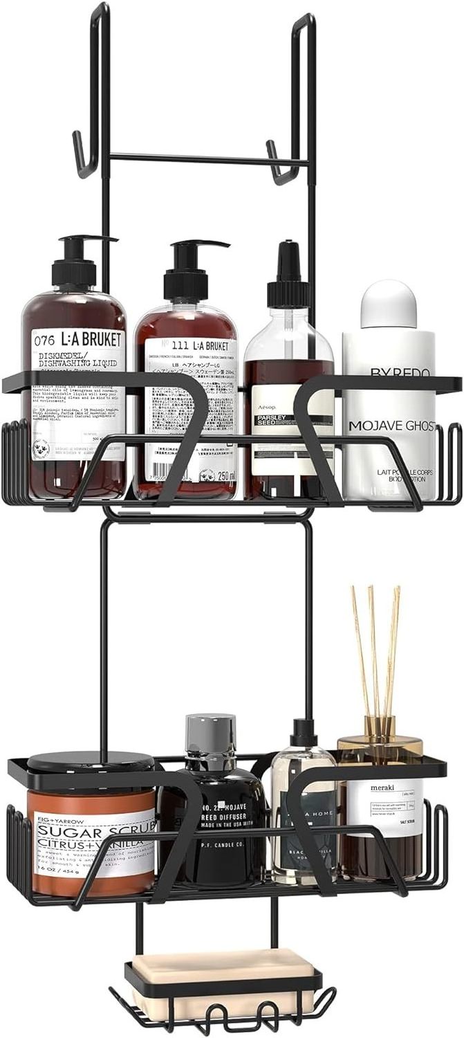 2 Tier Black No Drilling Shower Organiser Stainless Steel Rustproof  Shower Caddy Hanging with Soap holder