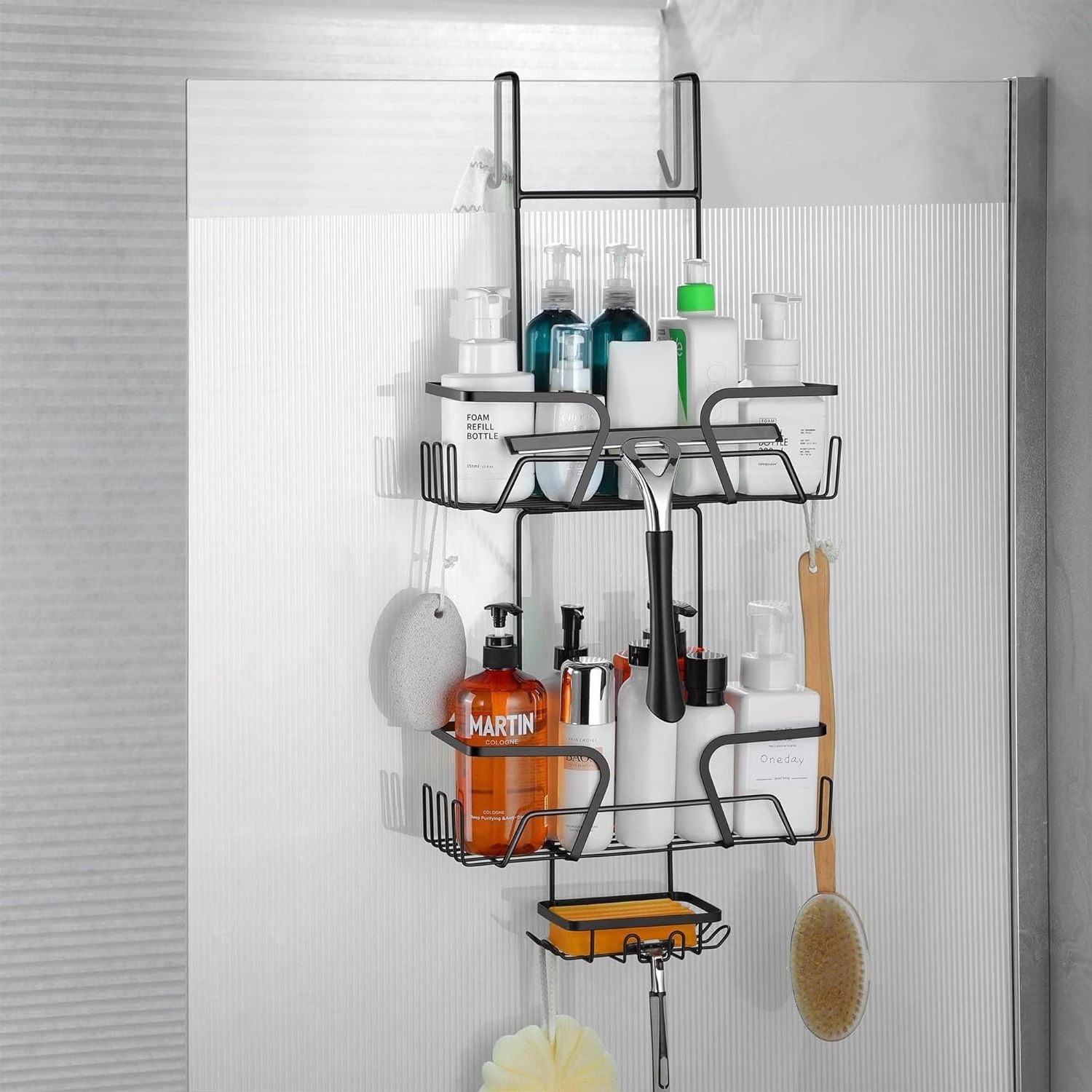 2 Tier Black No Drilling Shower Organiser Stainless Steel Rustproof  Shower Caddy Hanging with Soap holder