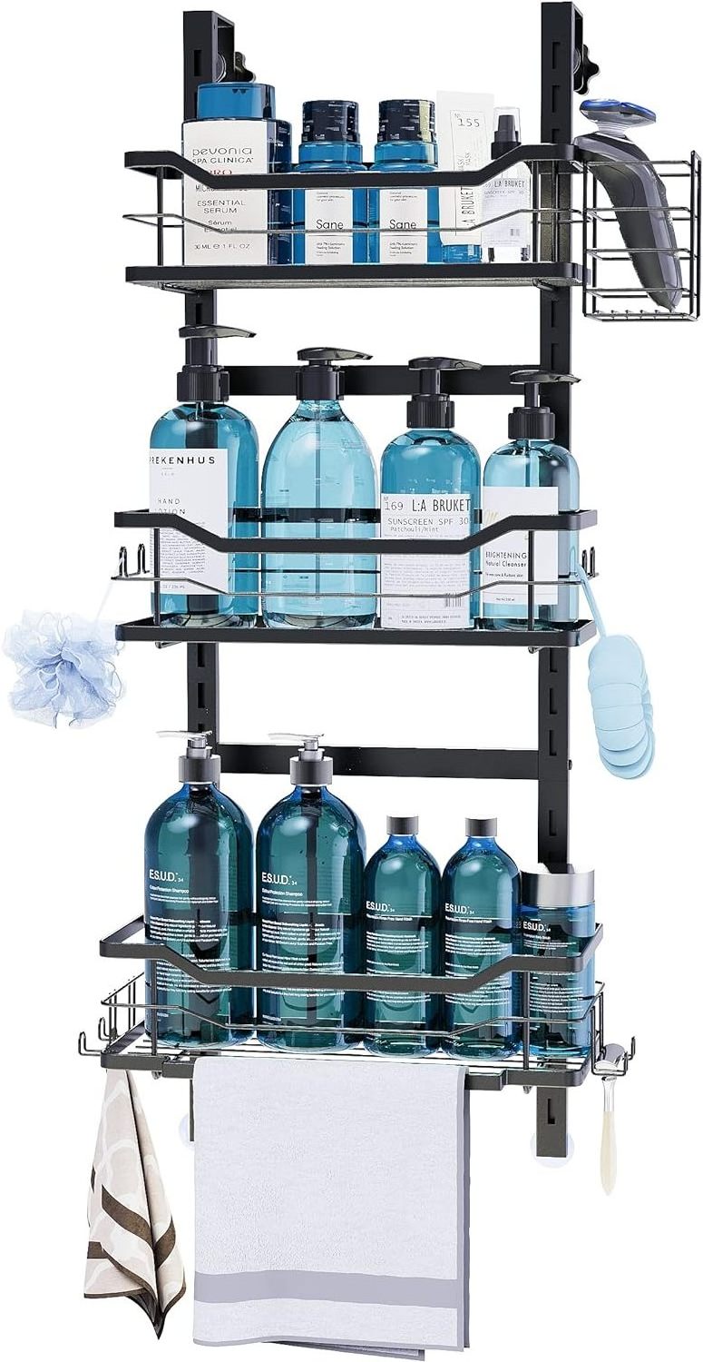 3 Tier Black Metal  black  no drilling Hanging  bathroom shelf Adhesive Shelves Over Door Shower Rack  with Soap Holder