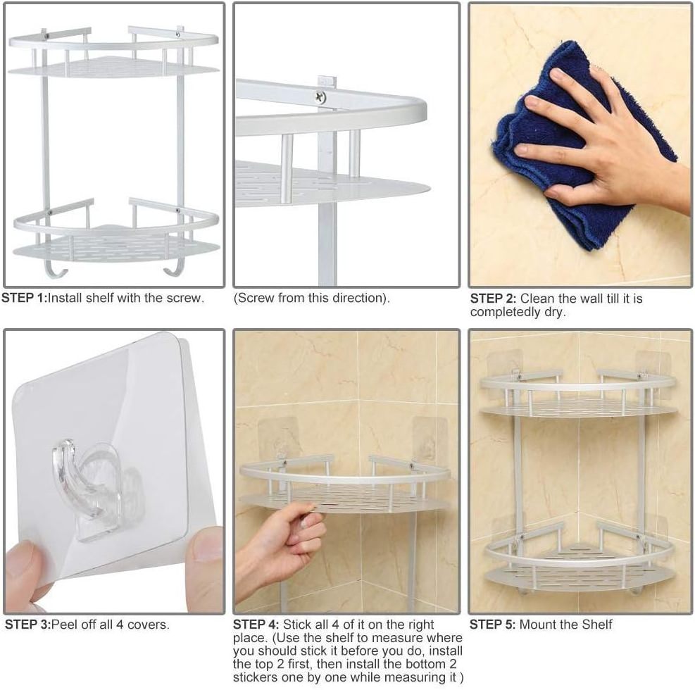 Wall Mounted No Drill Adhesive Shower Corner Shelf 2 Tier  Non Rust Aluminum Stick Bathroom Shelves Caddy Storage Racks Basket