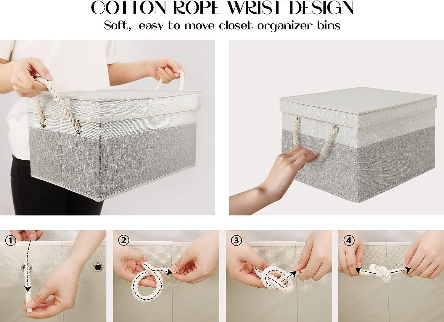 2 Pack grey Foldable  Home Fabric Storage Bins Storage Boxes with Lids and Cotton Rope Handles  for Closet  Organizing