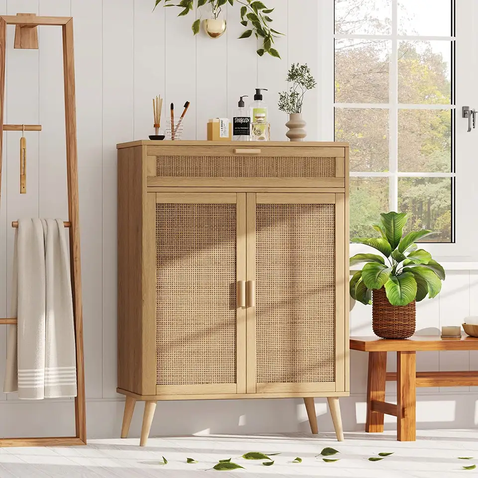 wooden independent storage cabinet with rattan door and large drawer for home storage and decor 2 door rattan storage cabinet