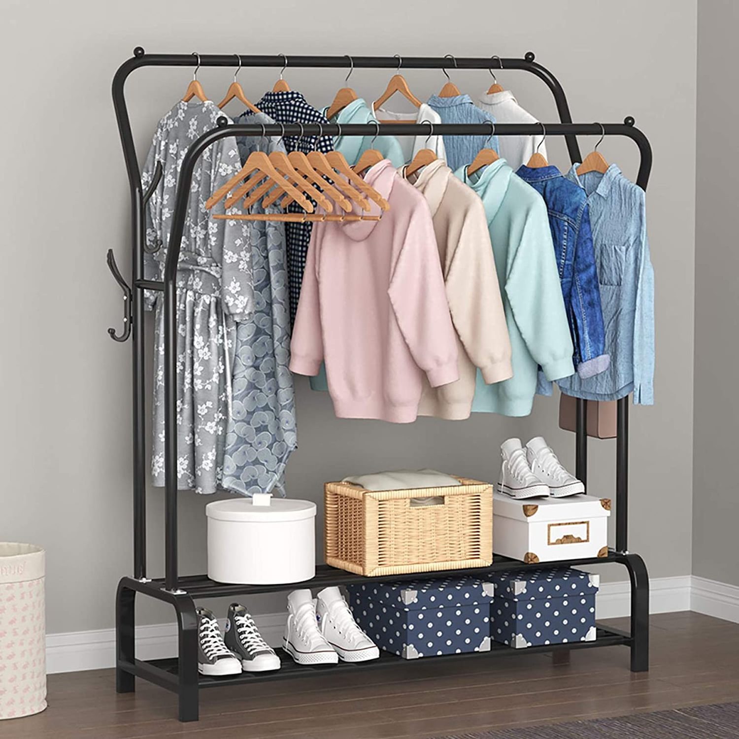 Garment Rack Freestanding Hanger Double Rails Bedroom Clothing Rack With 2-Tier Lower Storage Shelf