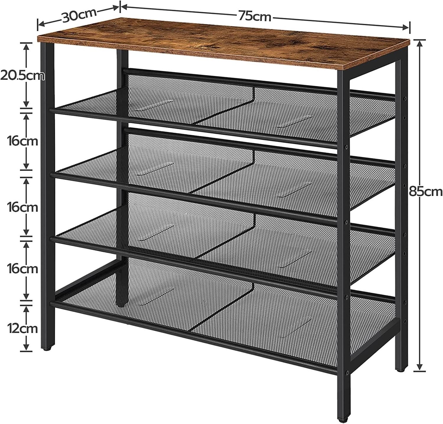 Shoe Rack, 5-Tier Shoe Organizer Shelf, 75 x 30 x 85 cm, with Flat & Slant Adjustable Shelf