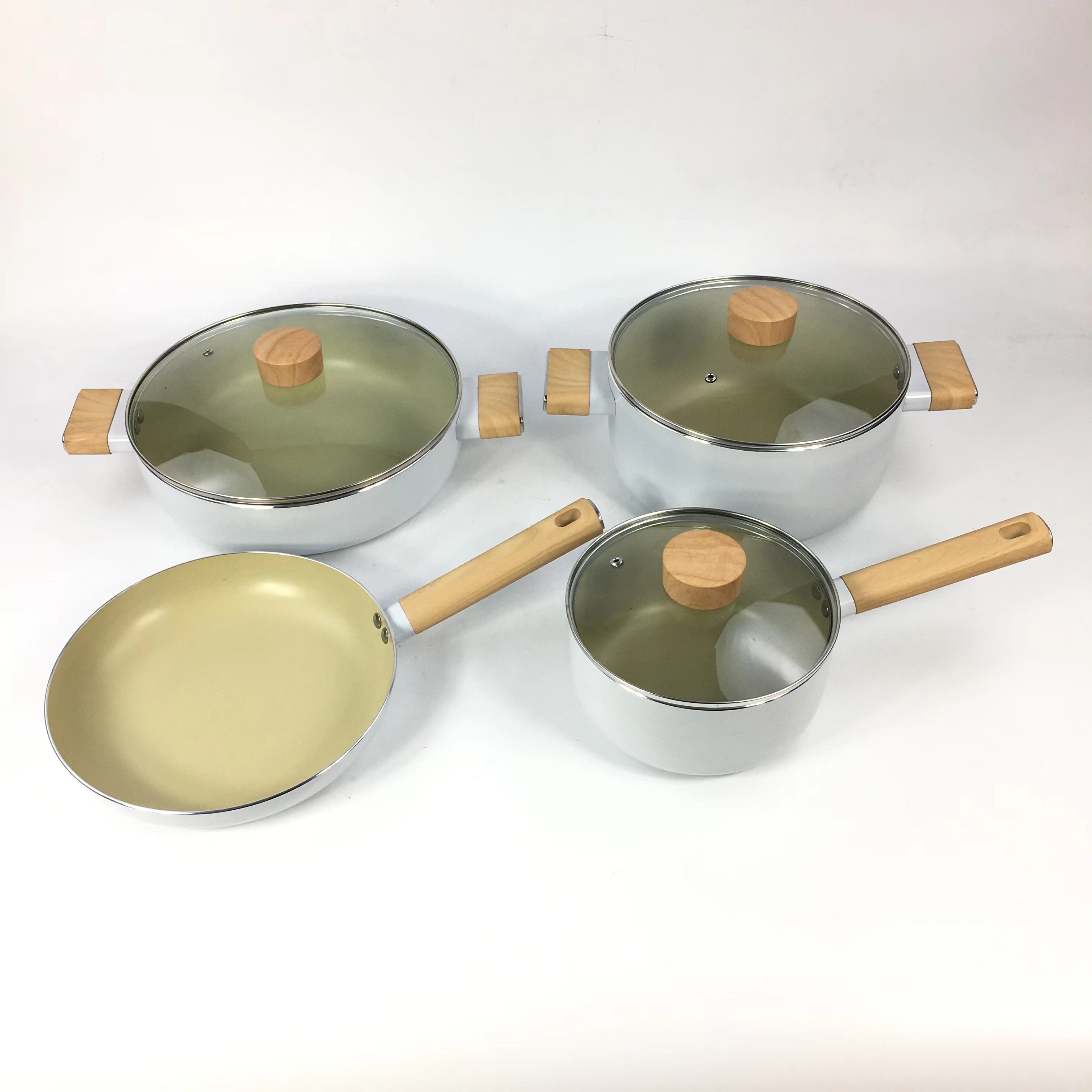 New Design Pressed Aluminum nonstick cookware set Non-Stick  Fry pan casserole sauce pan with wooden effect handle