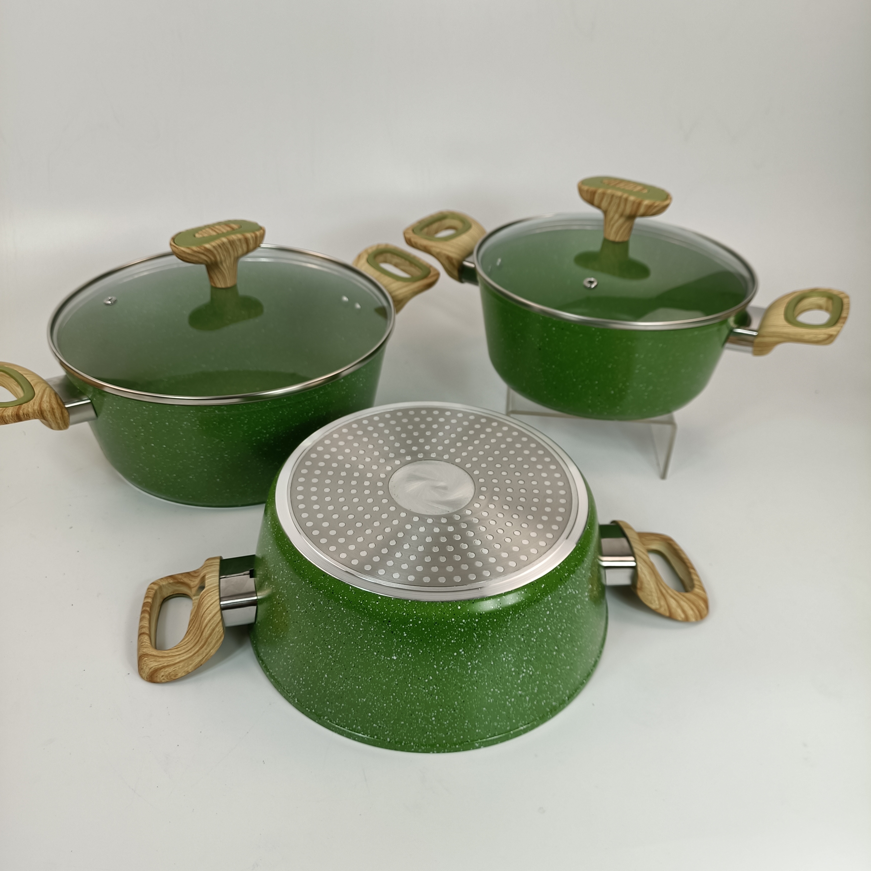 High quality Forged aluminum non stick pots marble coating 6pcs non stick casserole set with green color