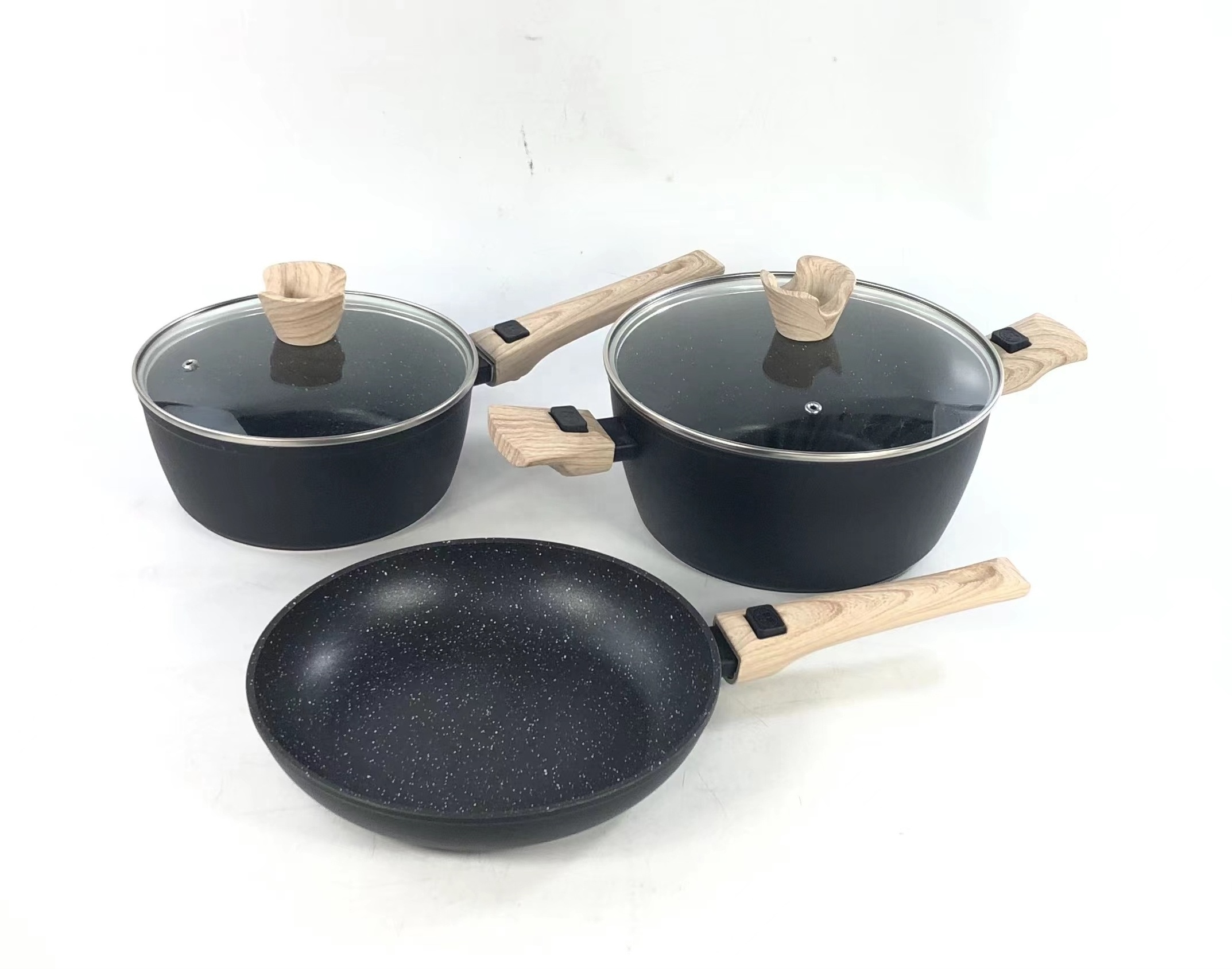 High quality Forged aluminum non stick marble fry pan cookware set wooden  removable handle casserole pot with detachable handle