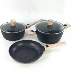 High quality Forged aluminum non stick marble fry pan cookware set wooden  removable handle casserole pot with detachable handle