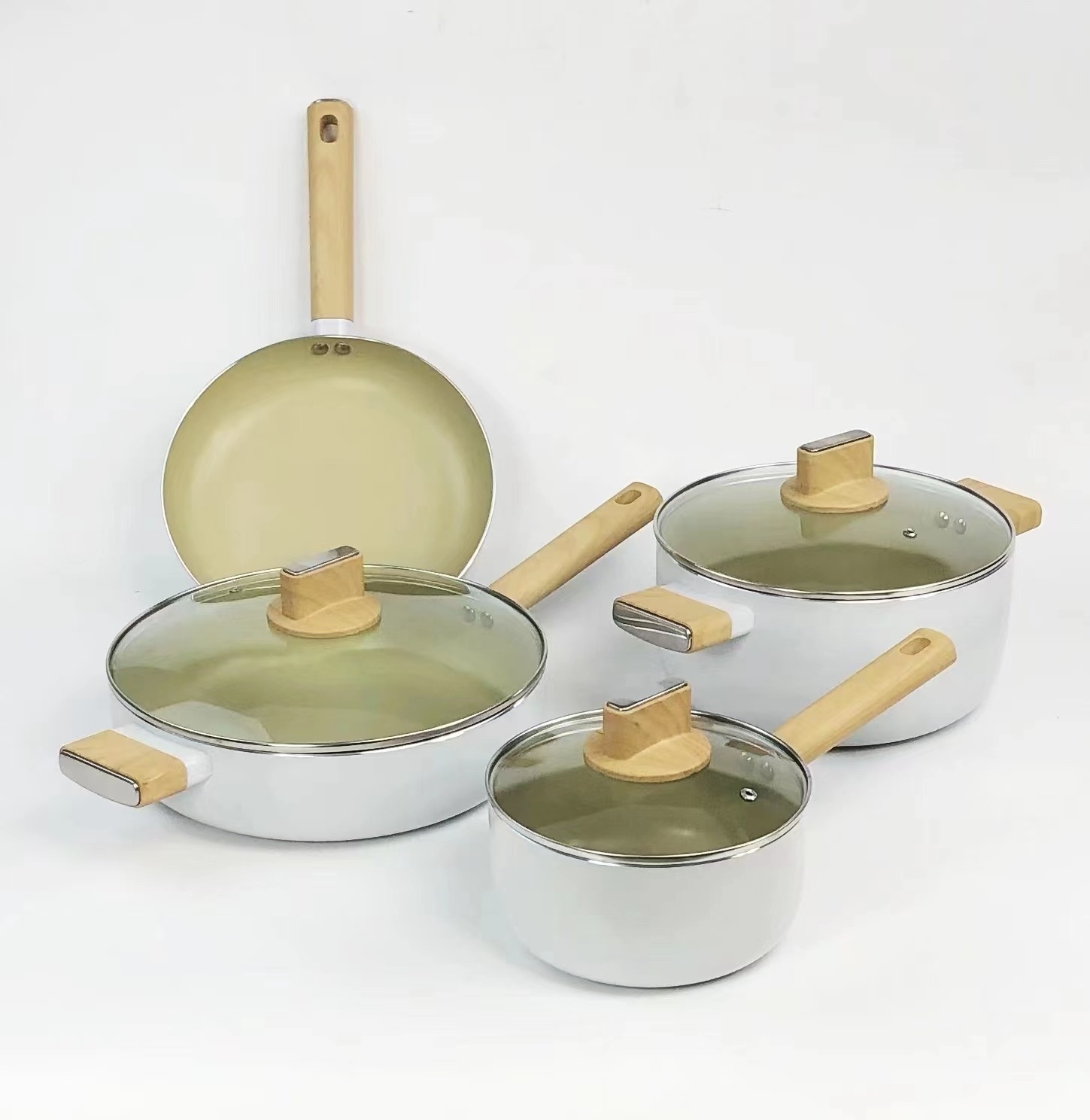 New Design Pressed Aluminum nonstick cookware set Non-Stick  Fry pan casserole sauce pan with wooden effect handle