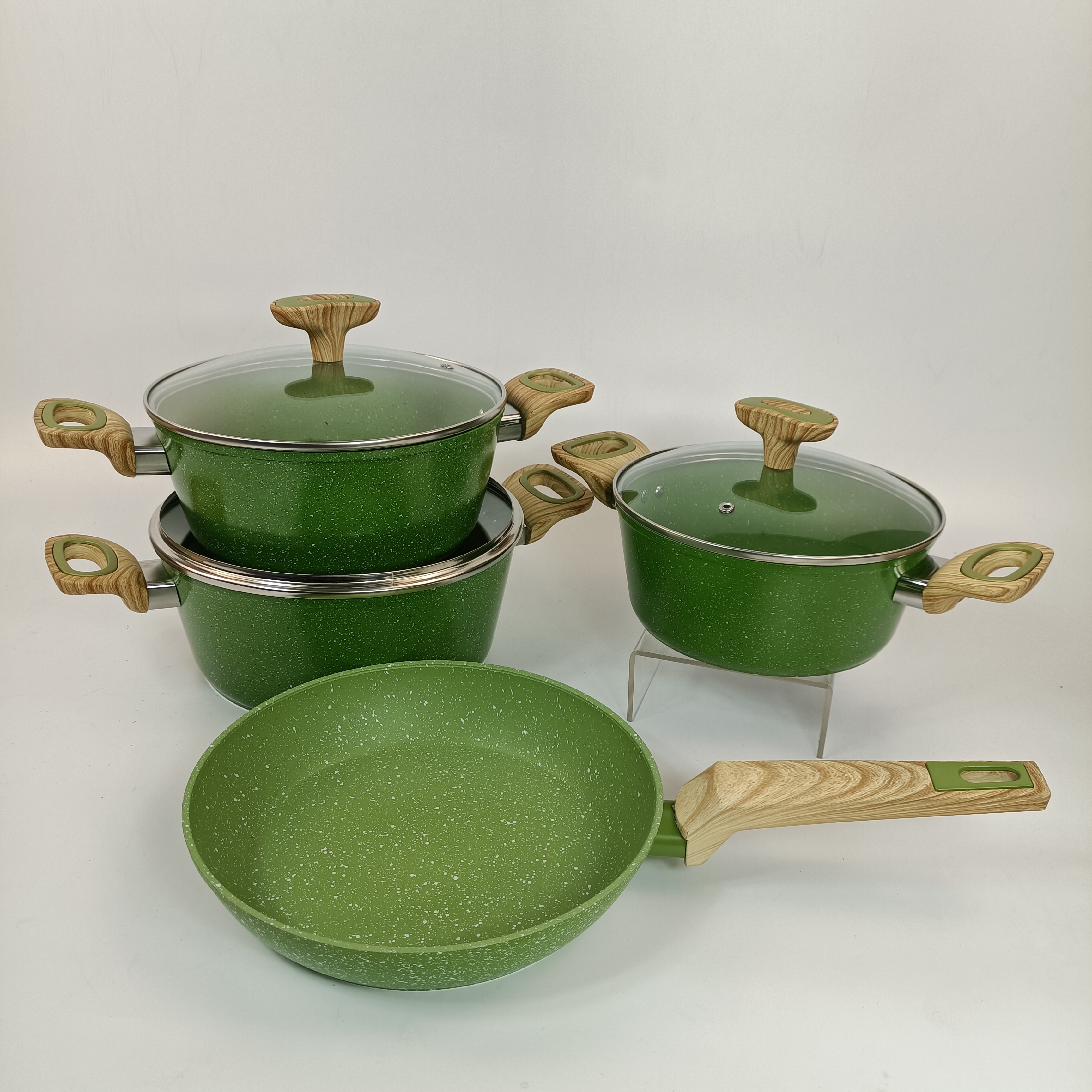 High quality Forged aluminum non stick pots marble coating 6pcs non stick casserole set with green color