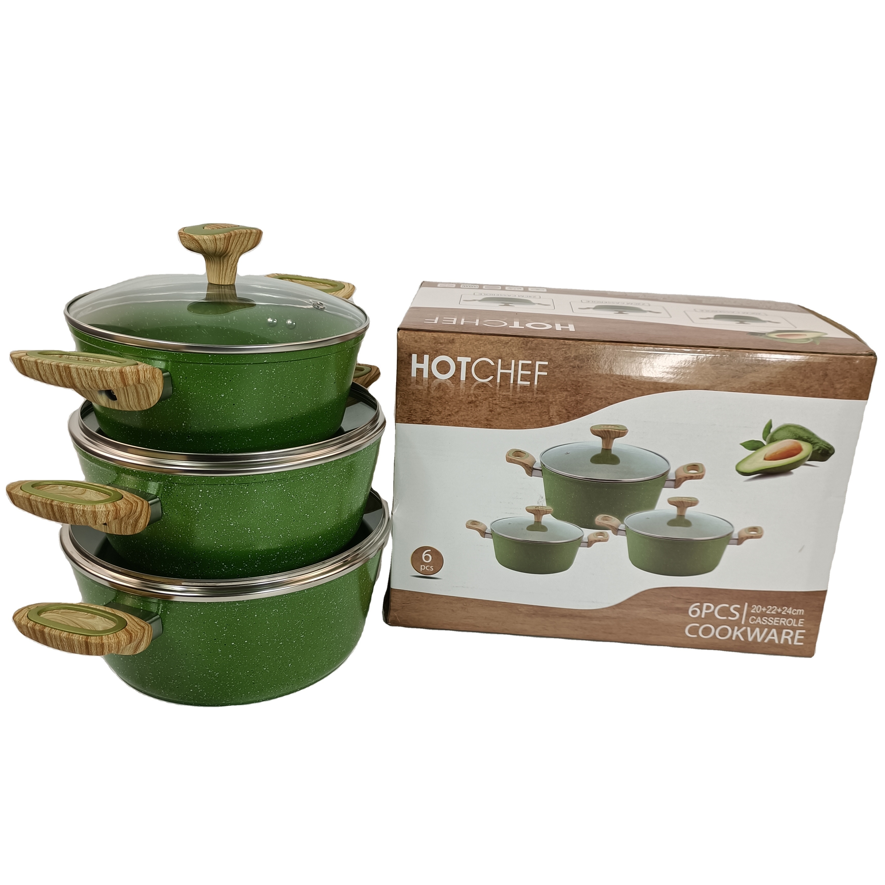 High quality Forged aluminum non stick pots marble coating 6pcs non stick casserole set with green color