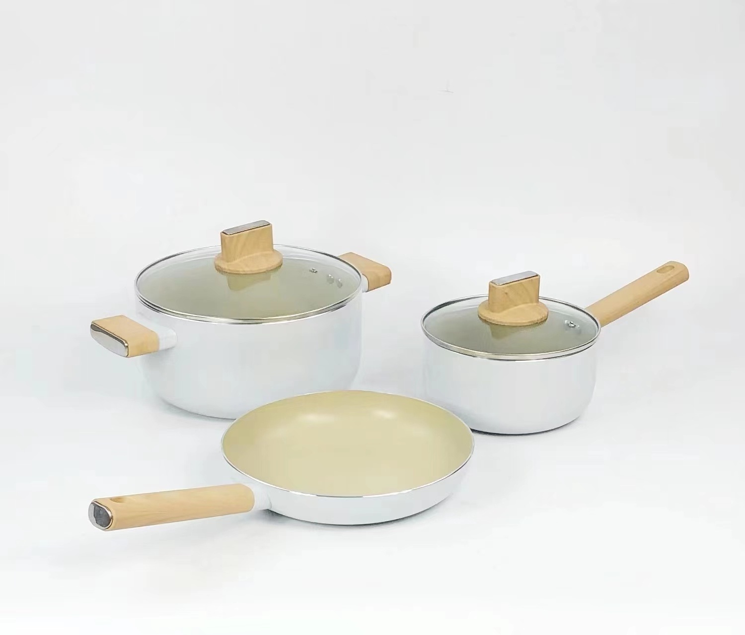 New Design Pressed Aluminum nonstick cookware set Non-Stick  Fry pan casserole sauce pan with wooden effect handle