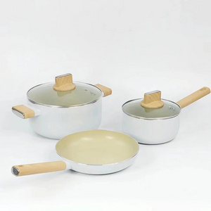 New Design Pressed Aluminum nonstick cookware set Non-Stick  Fry pan casserole sauce pan with wooden effect handle