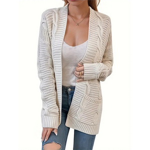 Ladies Womens Stylish Solid Color Pocket Open Front Long Cable Knit Cardigan For Autumn Spring