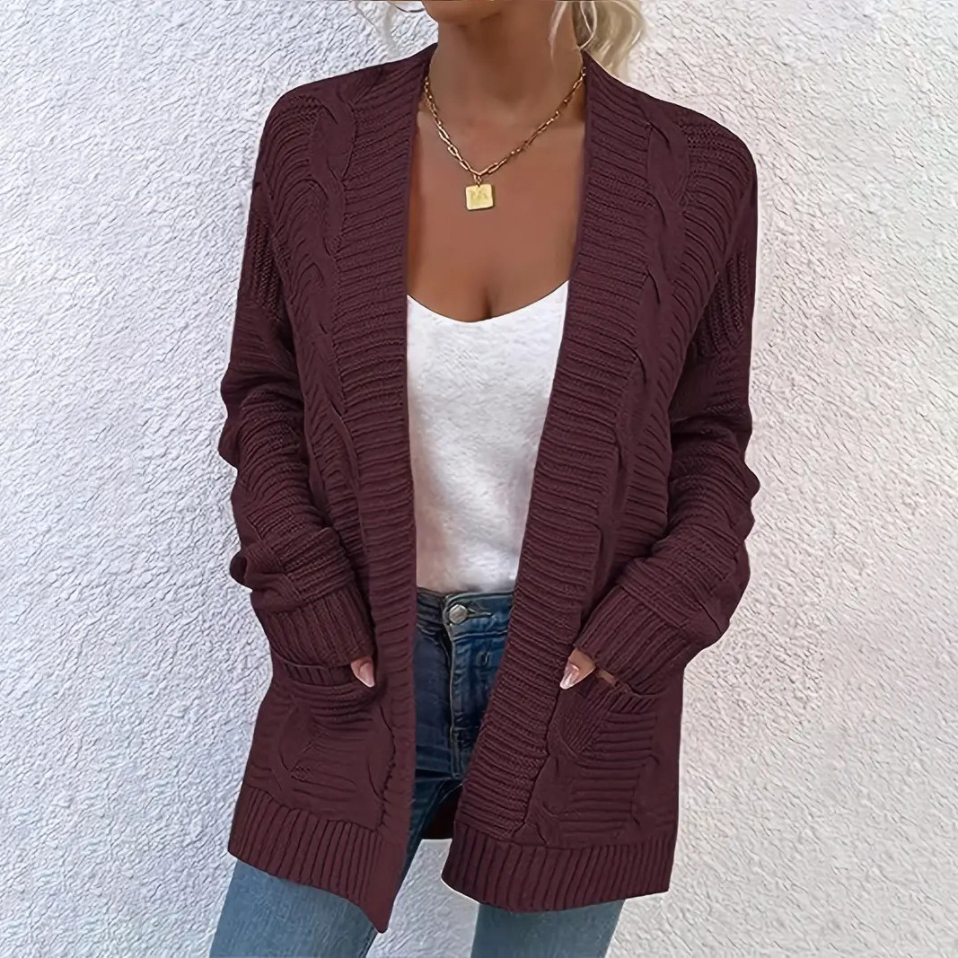 Ladies Womens Stylish Solid Color Pocket Open Front Long Cable Knit Cardigan For Autumn Spring