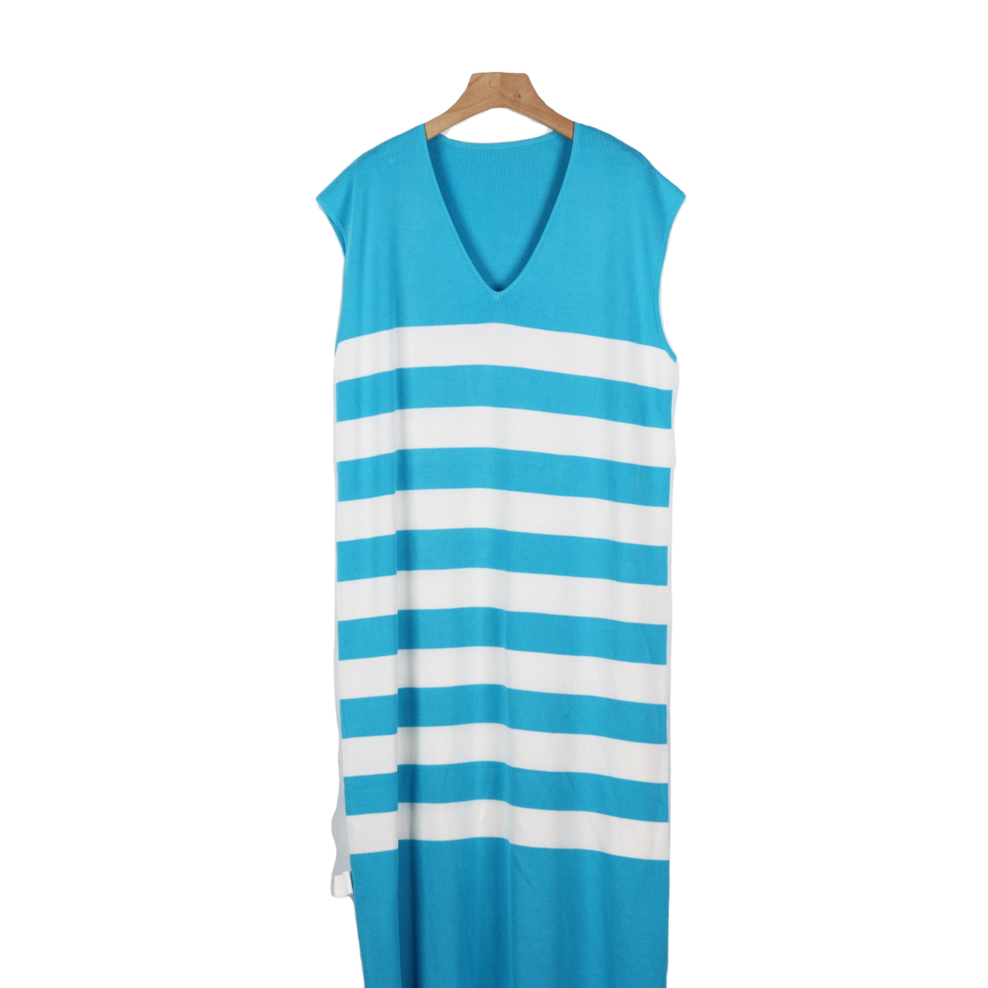 ODM OEM V-neck Sleeveless Blue And White Casual Long Knitted Dress Striped Long Dress Custom Dress