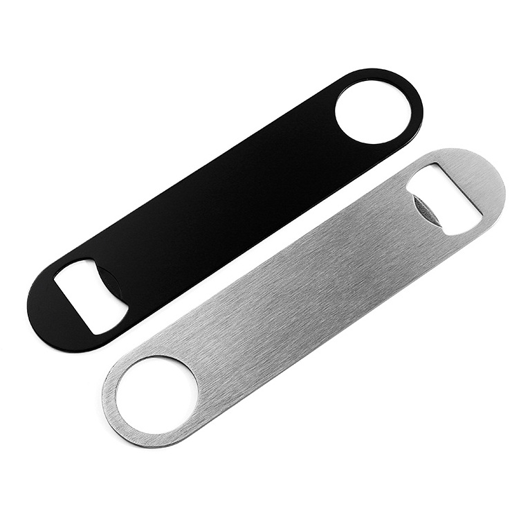 Custom laser logo black silver blanks stainless steel bar blade flat beer bottle opener for gift