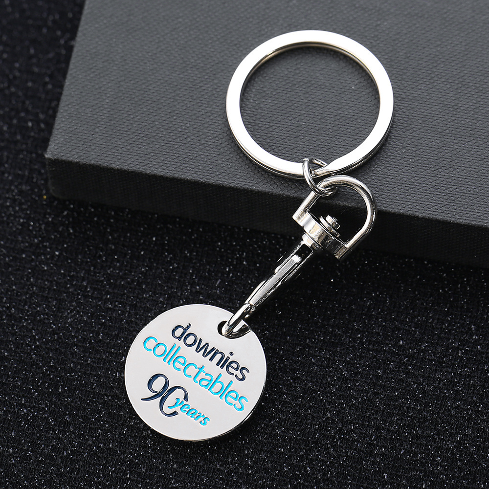 custom logo design metal supermarket shopping trolley coin token key ring