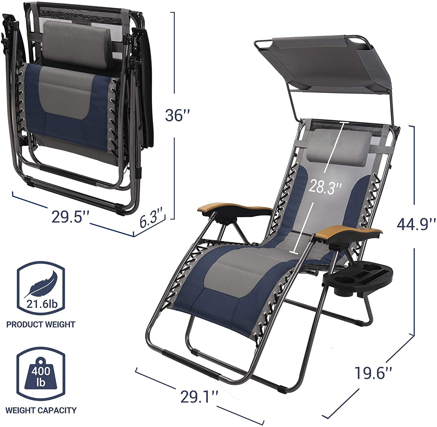 Padded Seat Zero Gravity Reclining Lounge Chair with Sun Shade and Cup Holder for Outdoor Yard Patio Lawn Camping