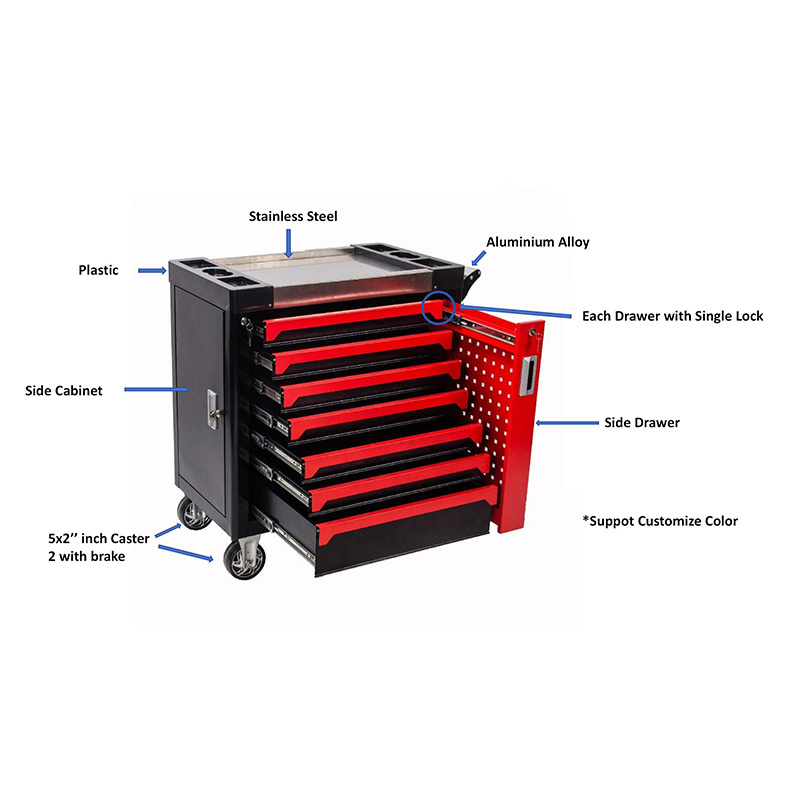 Heavy Duty Stainless Steel Tool Chest 7 Drawers tool cabinet cart trolley 258 Pcs Tool Sets Rolling Box with Wheel