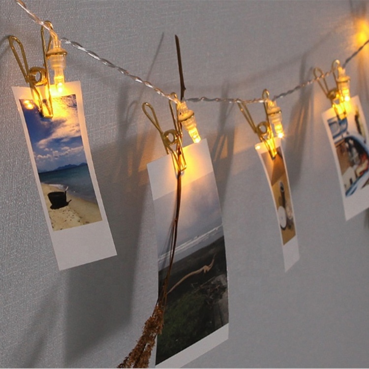 Indoor Battery Card Exhibition Modern Novelty Metal Gold LED Photo Clip String Lights