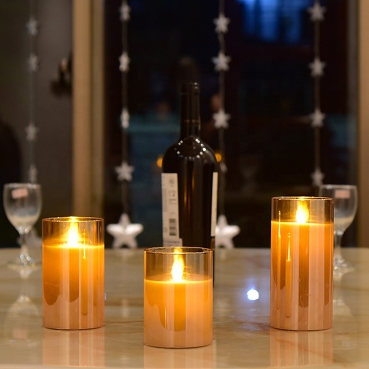 Battery Operated Set 3 Glass Cup Dancing Flame Warm Light Flameless Natural Wax LED Candle