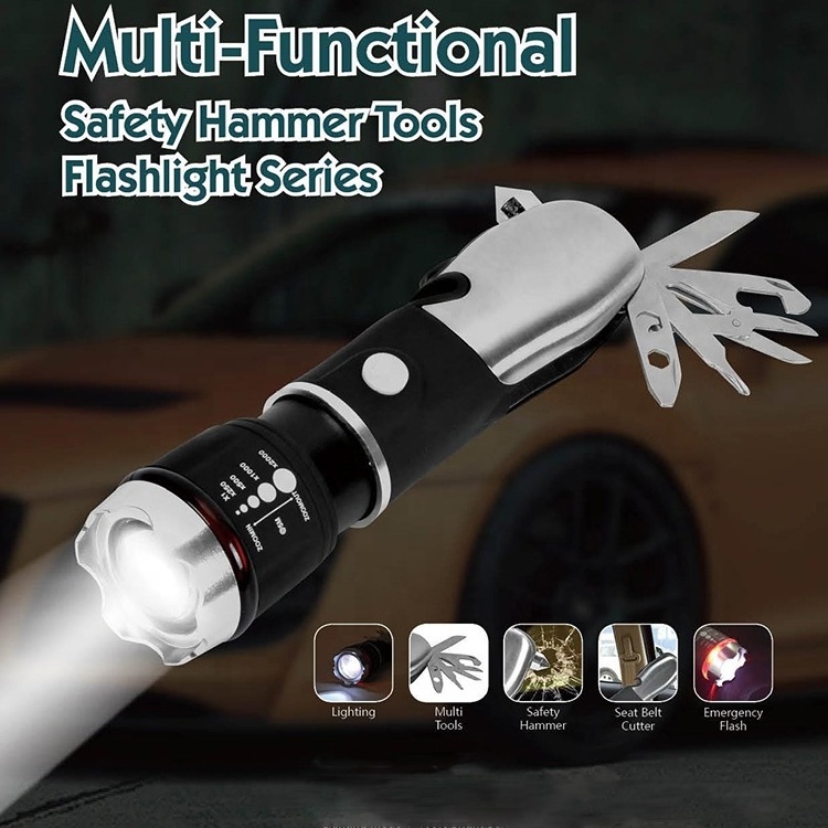 Car safety hammer led torch flash lighting light zoom multi-tool flashlight