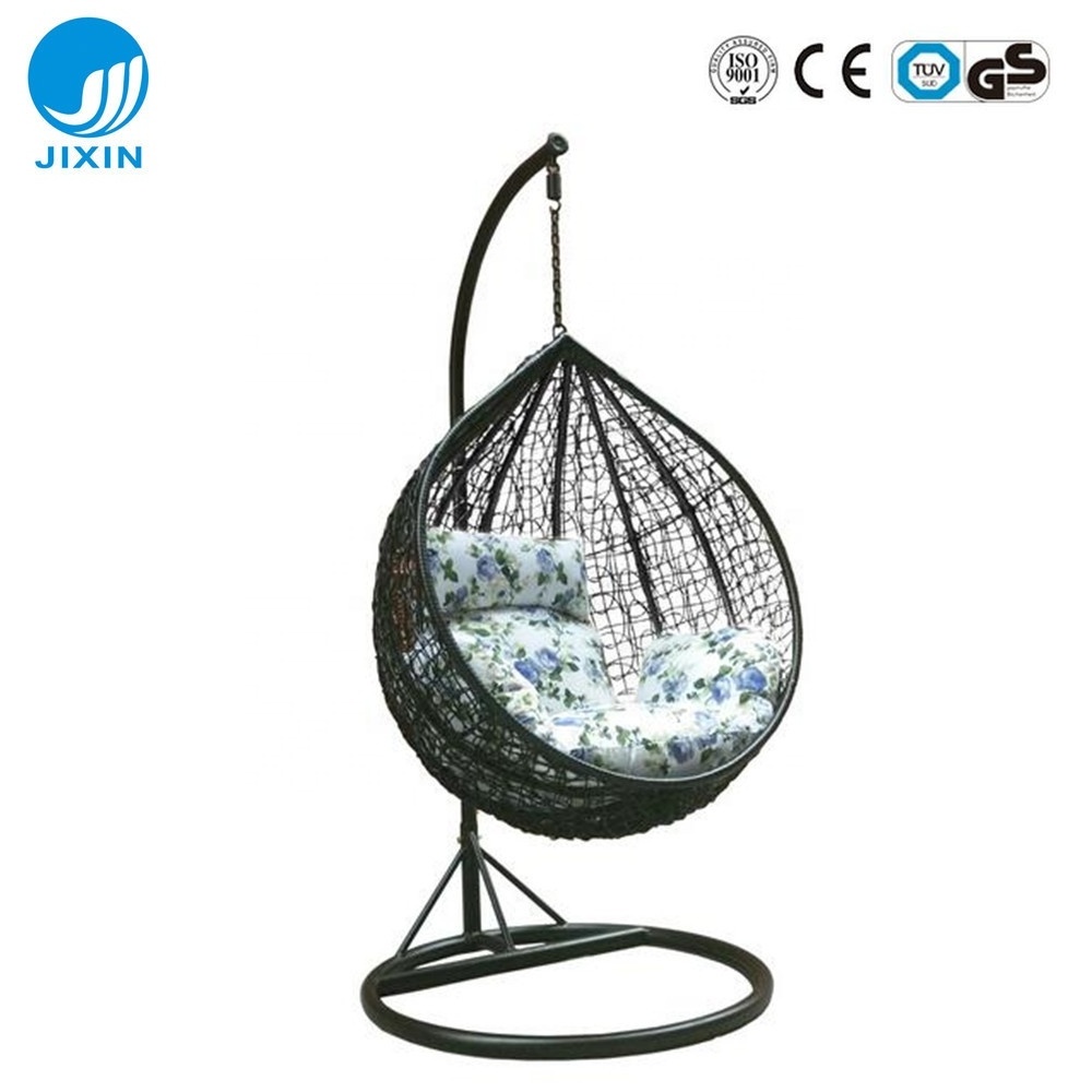 Outdoor garden furniture Patio rattan wicker hanging egg swing chair with metal stand cushion