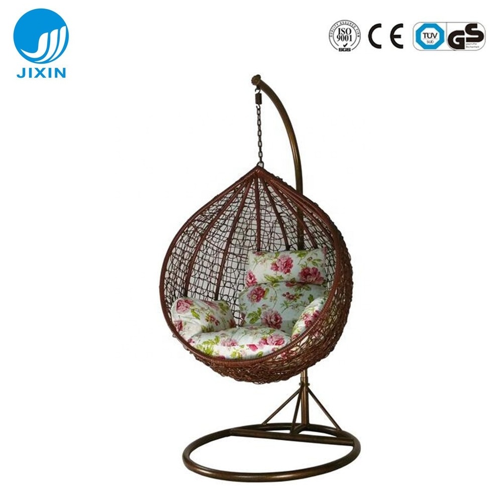 Outdoor garden furniture Patio rattan wicker hanging egg swing chair with metal stand cushion