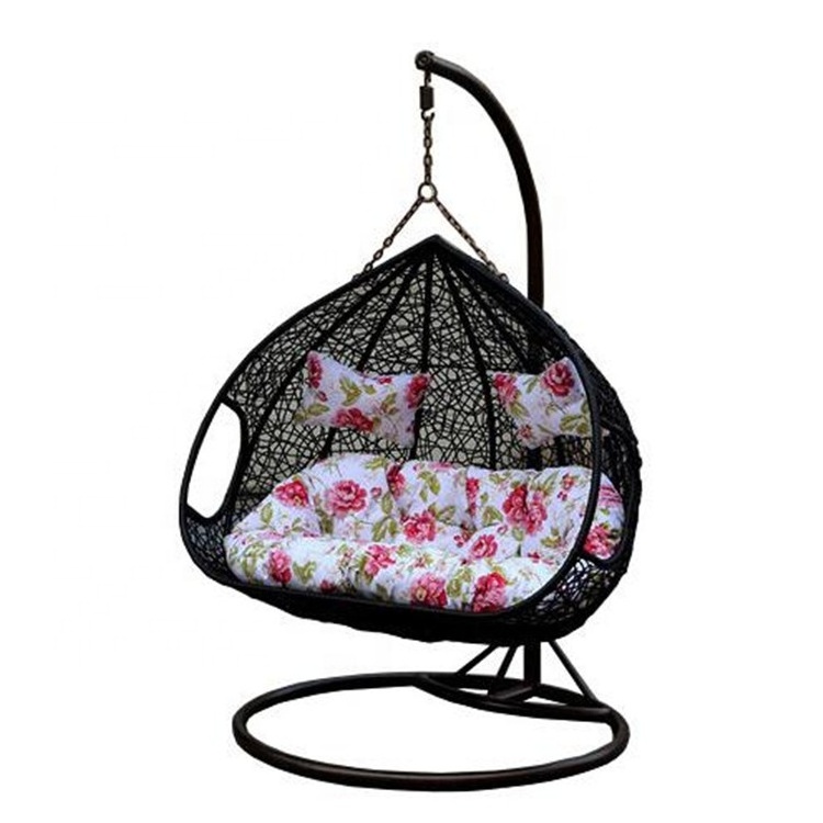 Outdoor furniture rattan double seat hanging egg Patio swings chair with metal stand