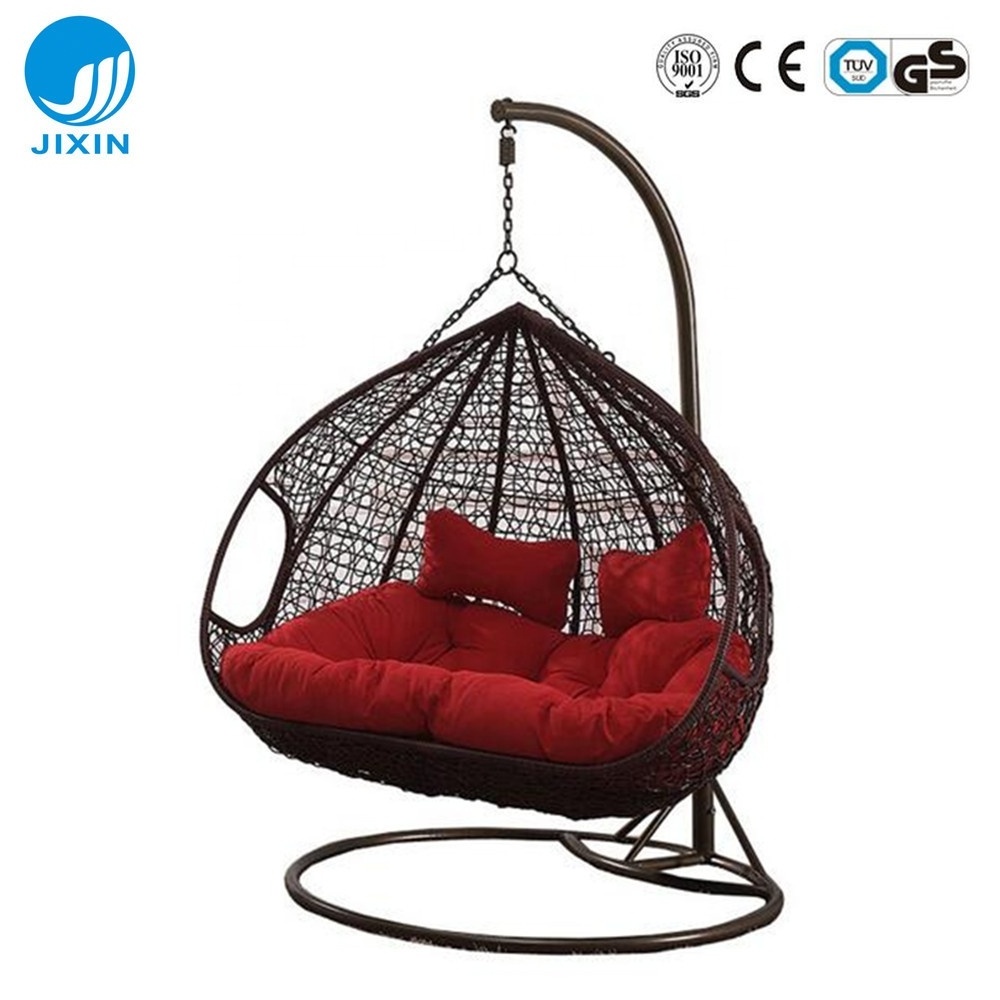 Indoor outdoor furniture Patio rattan wicker double seat hanging egg swing chair with metal stand