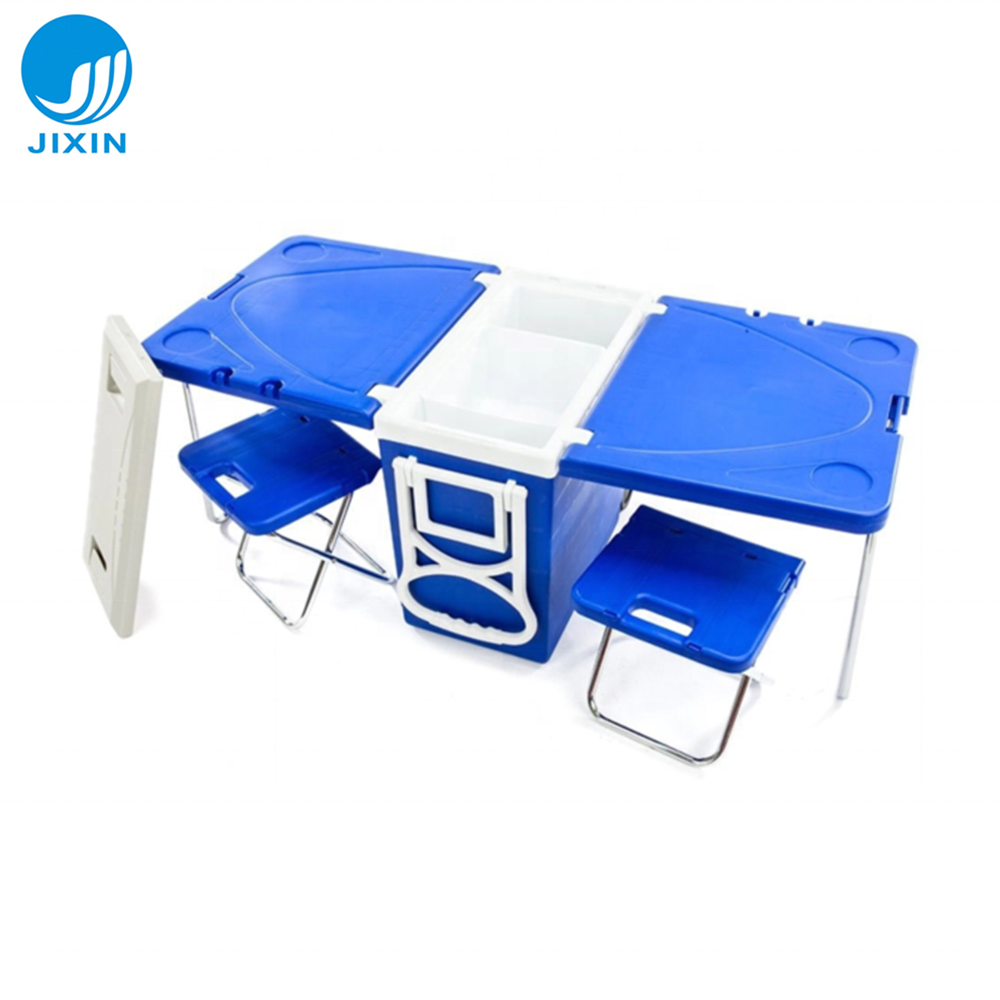 2023 Outdoor Multifunction Plastic Table Cooler Box 28L Ice Chest Cooler With Wheels Chairs trolley