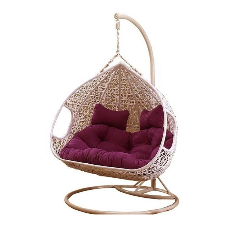 Outdoor furniture rattan double seat hanging egg Patio swings chair with metal stand