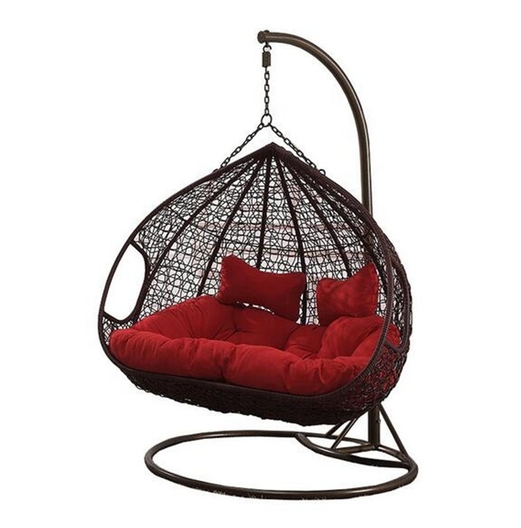 Outdoor furniture rattan double seat hanging egg Patio swings chair with metal stand