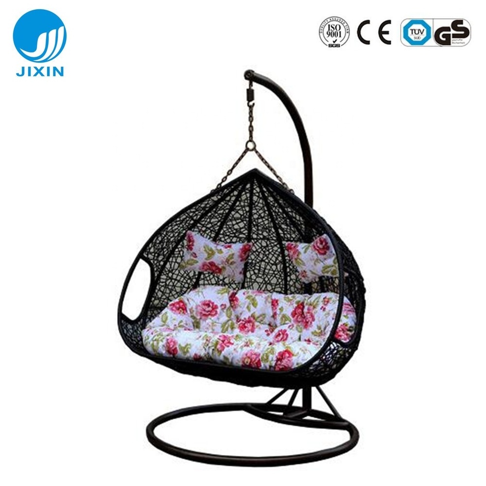 Outdoor furniture rattan double seat hanging egg Patio swings chair with metal stand