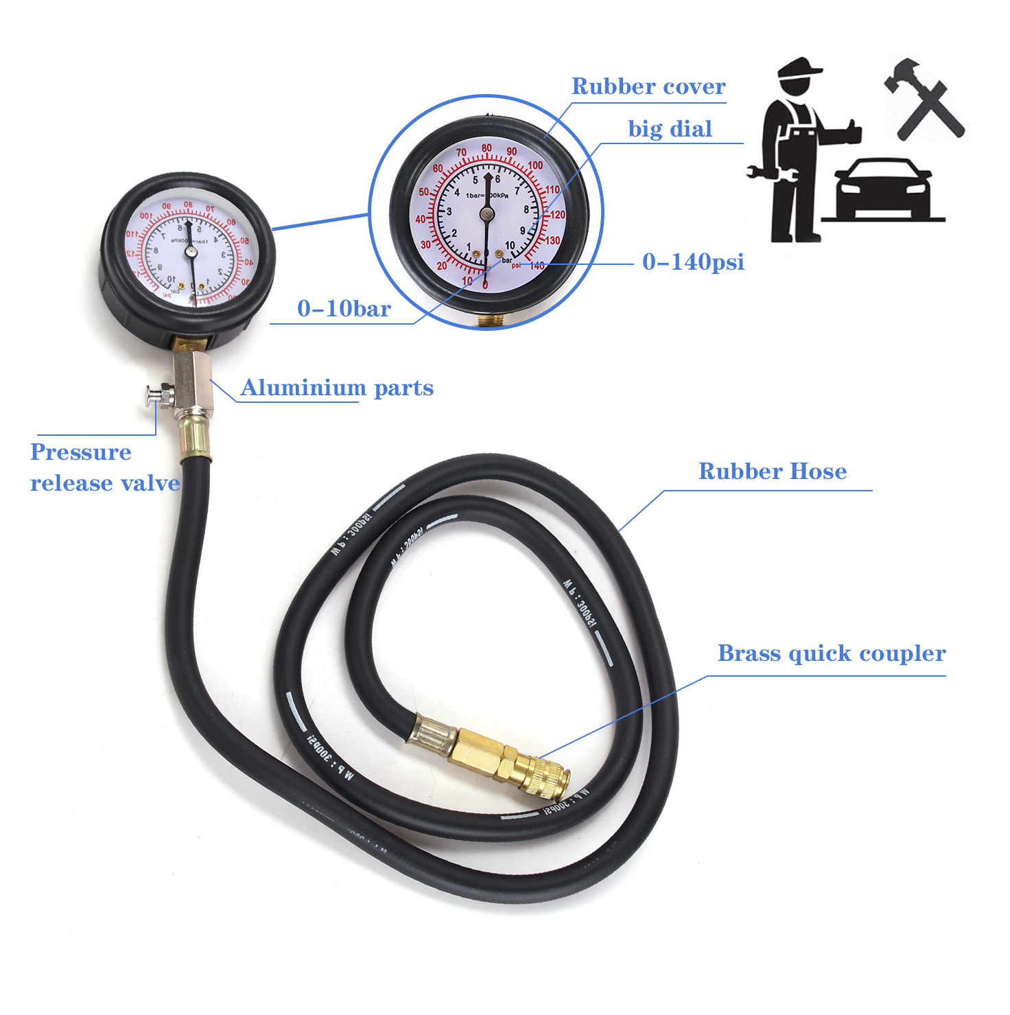 Automotive Oil Engine Cylinder Compression Diagnostic Tester Meter Fuel Pressure Gauge Testing Tool Kit