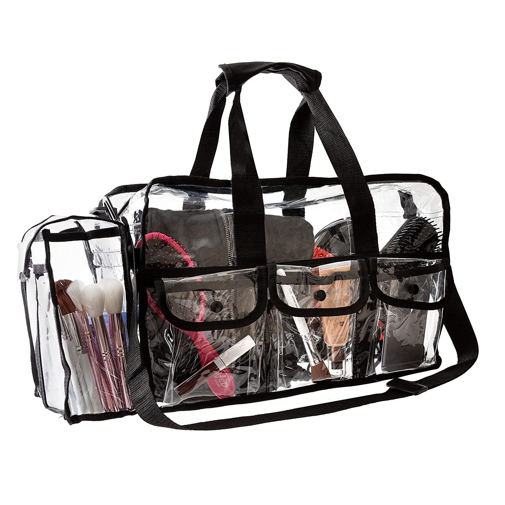 Custom travel toiletries 4 external pockets adjustable straps large transparent pvc makeup bag zipper